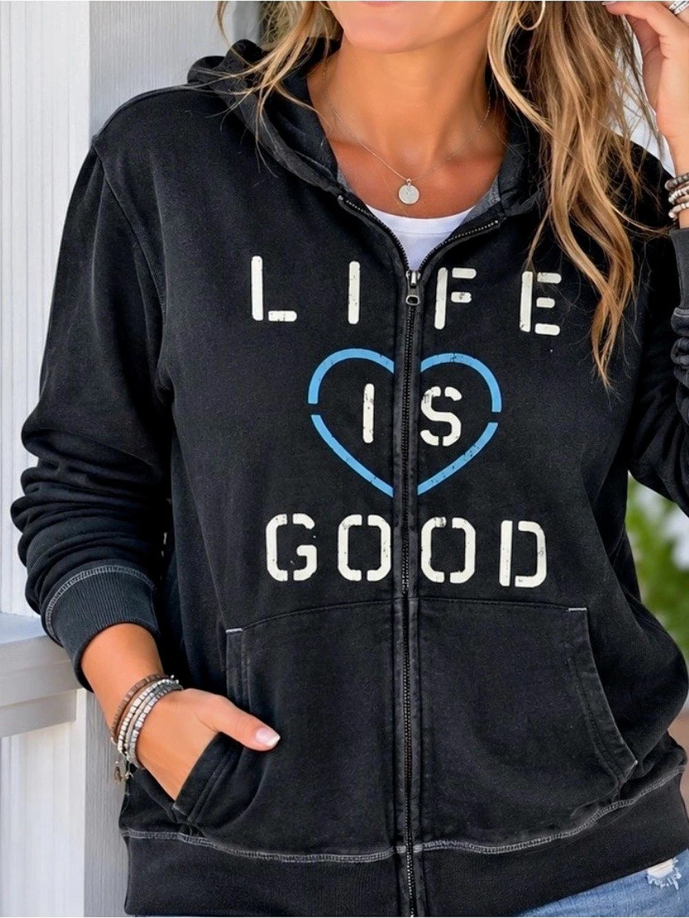 *New Life is Good vintage washed black full Zip Hoodie Sz S